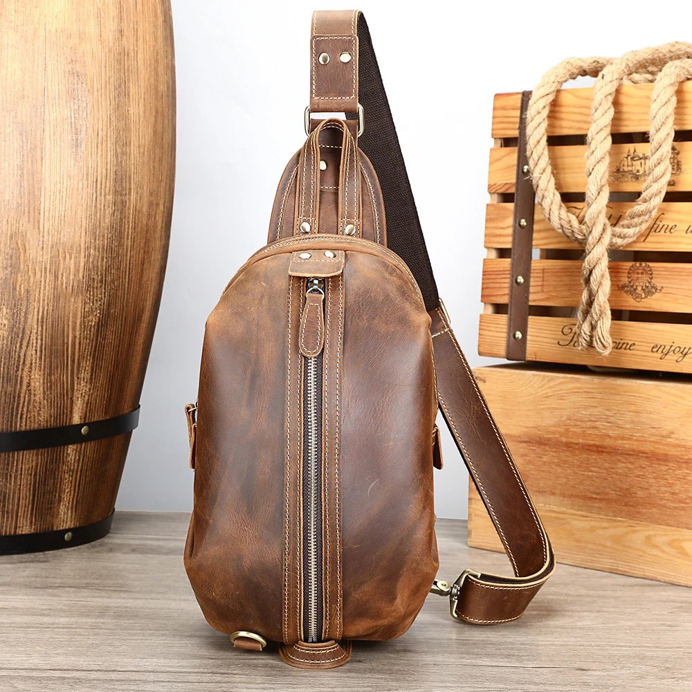 Design Vintage-Style Distressed Brown Leather Sling Bag Crossbody Bags