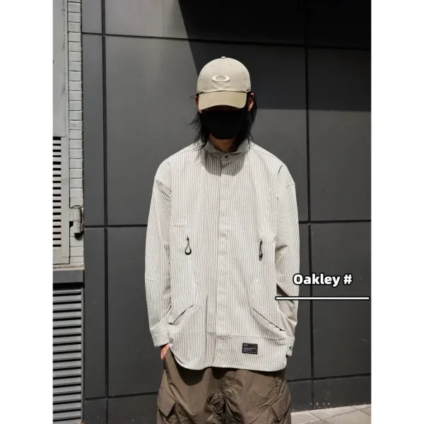 Oakley Striped Mandarin Collar Shirt Gray Tops Shirt - 2