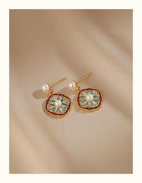 Design Floral Enamel Pearl Drop Earrings Jewelry - 6