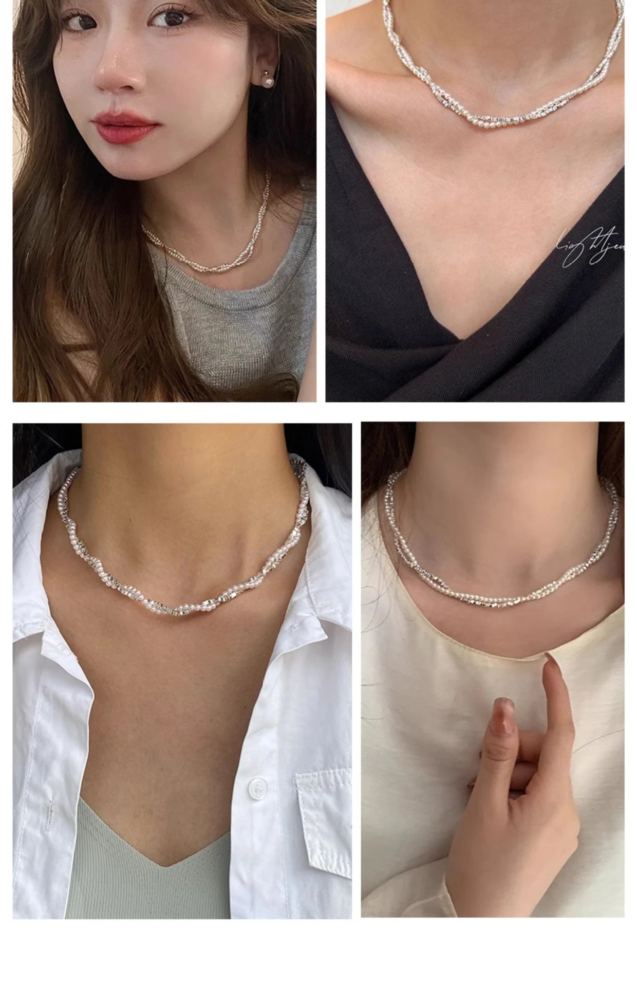 Design Pearl and Crystal Double-Strand Choker Necklace Jewelry - 7