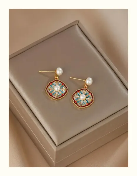 Design Floral Enamel Pearl Drop Earrings Jewelry - 9