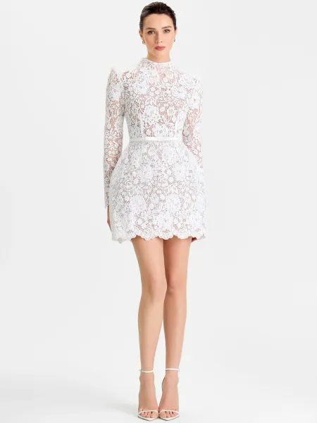 Design Floral Lace High-Neck Mini Dress Pink - 13