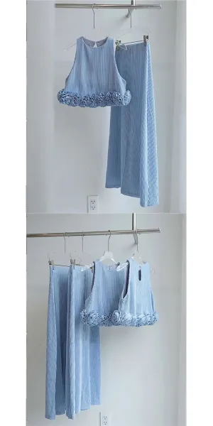 Design Two-Piece Set with Floral Trim Light Blue Striped Cropped Top and Maxi Skirt - 3