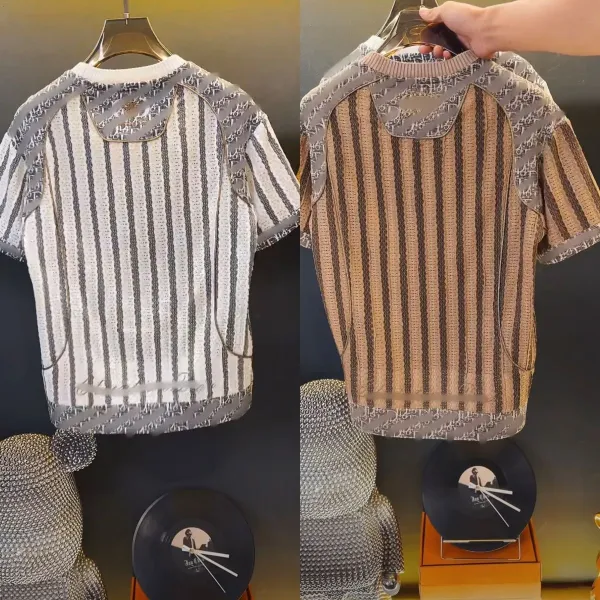 Dior Oblique Stripe Knit T-Shirt White and Gray - 3