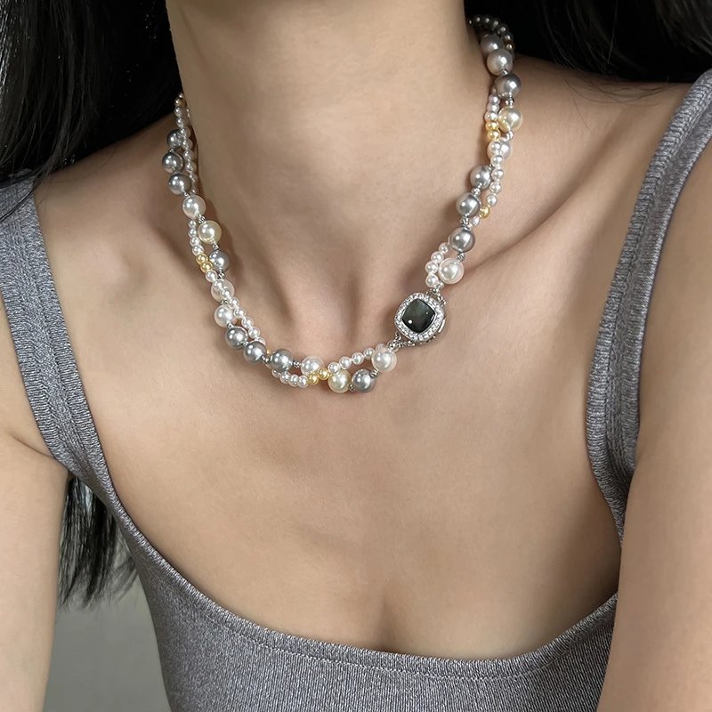Multi Strand Pearl Necklace Silver Gray White Gold Tone Elegance