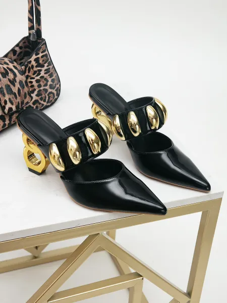 Design Chain-Heel Mule Black with Gold Hardware Shoes - 29