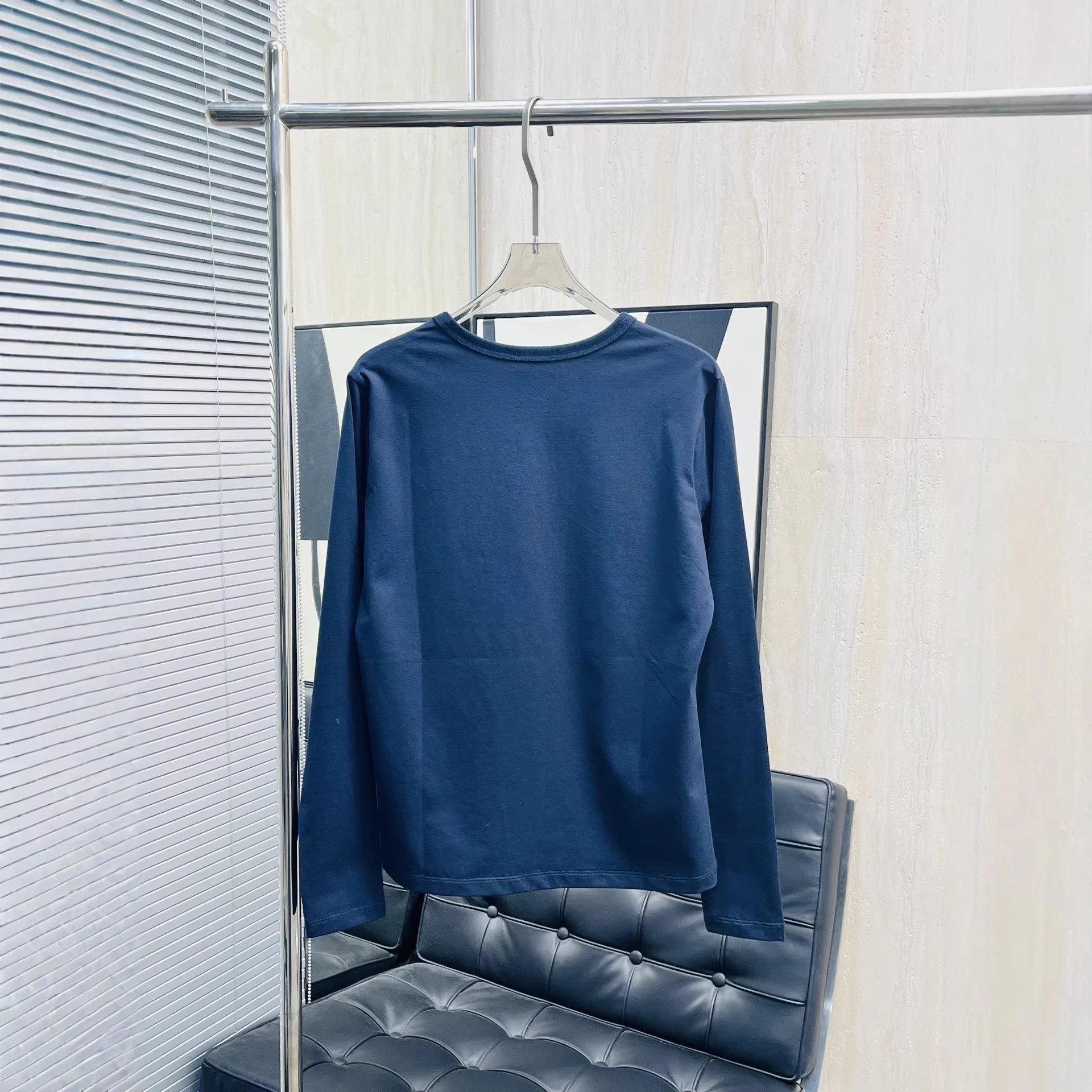 Cotton Long Sleeve T-Shirt Beige Navy Embroidered Minimalist