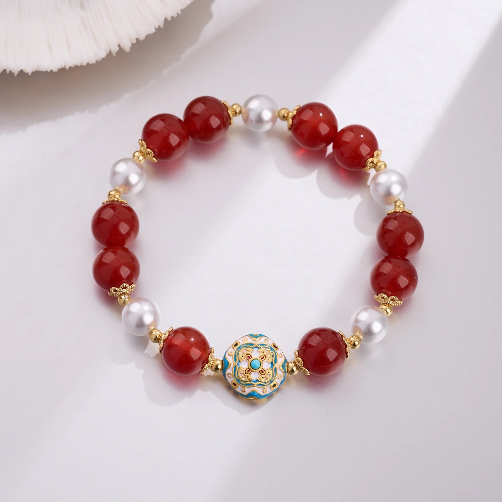 Design Pearl Bead Bracelet with Red and Turquoise Accents Bracelet Jewelry - 8