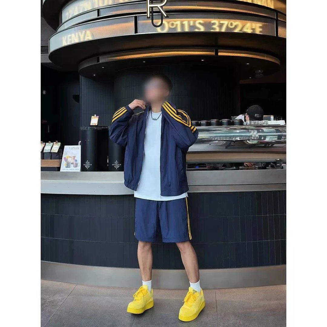 Navy Blue Track Jacket and Shorts Set with Yellow Stripes Sporty Outfit
