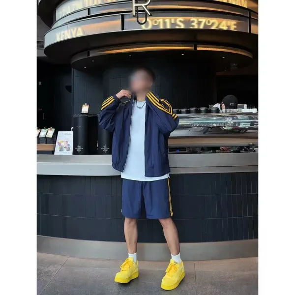 Adidas Originals Track Jacket and Shorts Set Beige with Blue Stripes Outerwear - 4