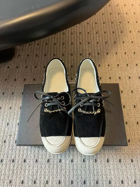 Chanel Boat Shoes Black and White Suede with Chain Detail Casual Shoes - 1