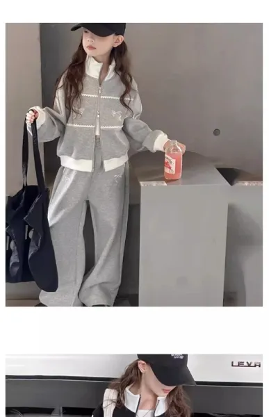 Design Gray Zip-Up Track Set with Embroidered Bow Detail Sweatpants Tracksuit - 14