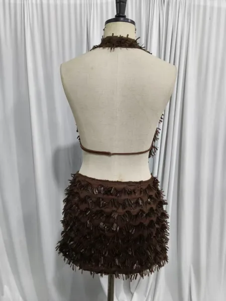 Design Fringed Sequin Halter Top and Skirt Set Pink - 4