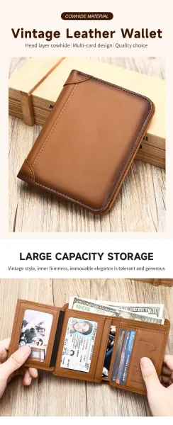 Design Classic Bifold Wallet Brown Leather Short Wallet - 3