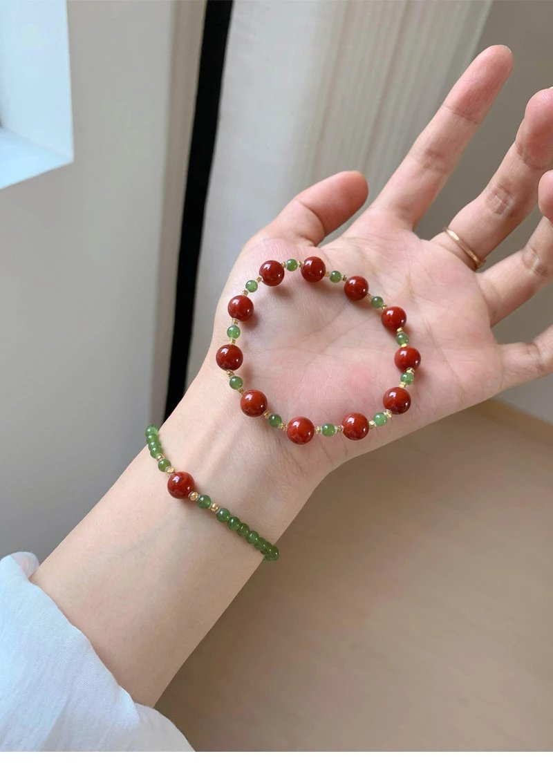 Design Green Jade Bead Bracelet with Red Agate Center Stone Jewelry - 5