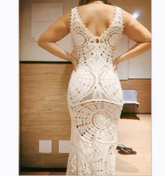 Design White Crochet Maxi Dress with Geometric Pattern Dress - 5