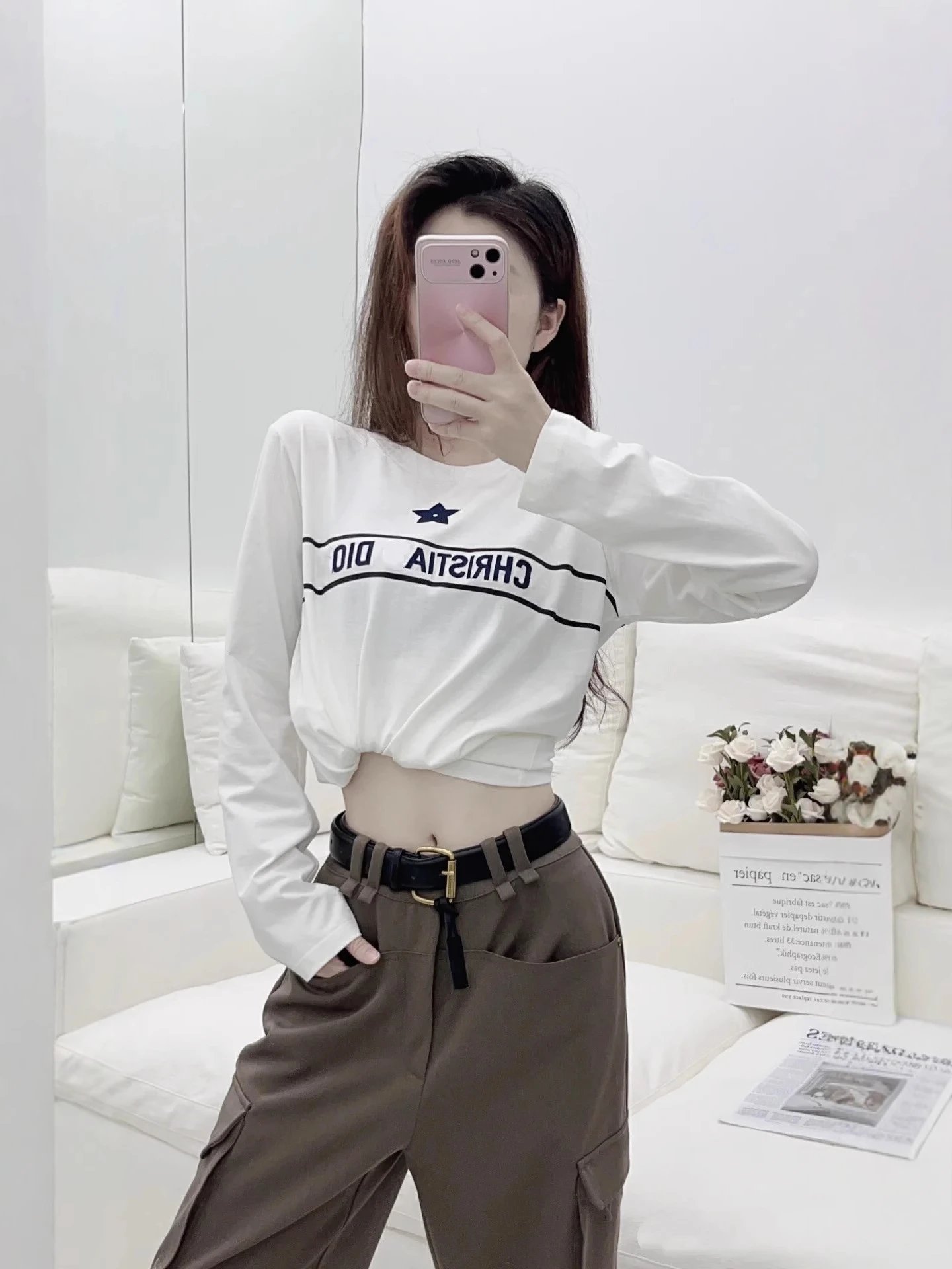 White Long Sleeve Tee with Star and Reversed Text Brown Cargo Pants Set