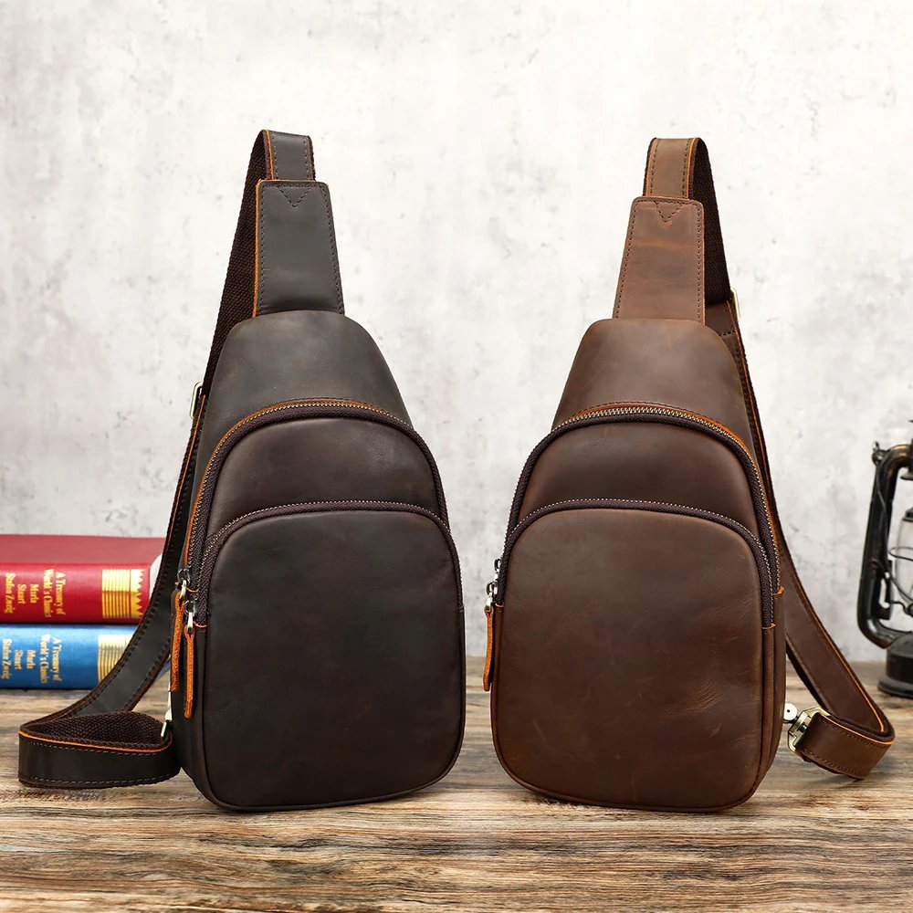 跨境疯马皮胸包男leather chest sling bag真皮单肩斜挎包胸包