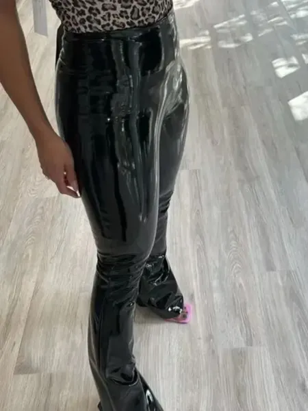 Design Patent Leather Flare Pants Black - 5