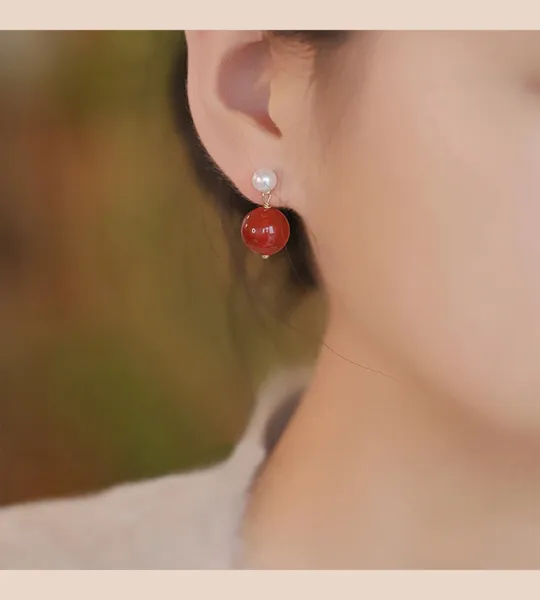 Design Pearl and Red Agate Drop Earrings - 10