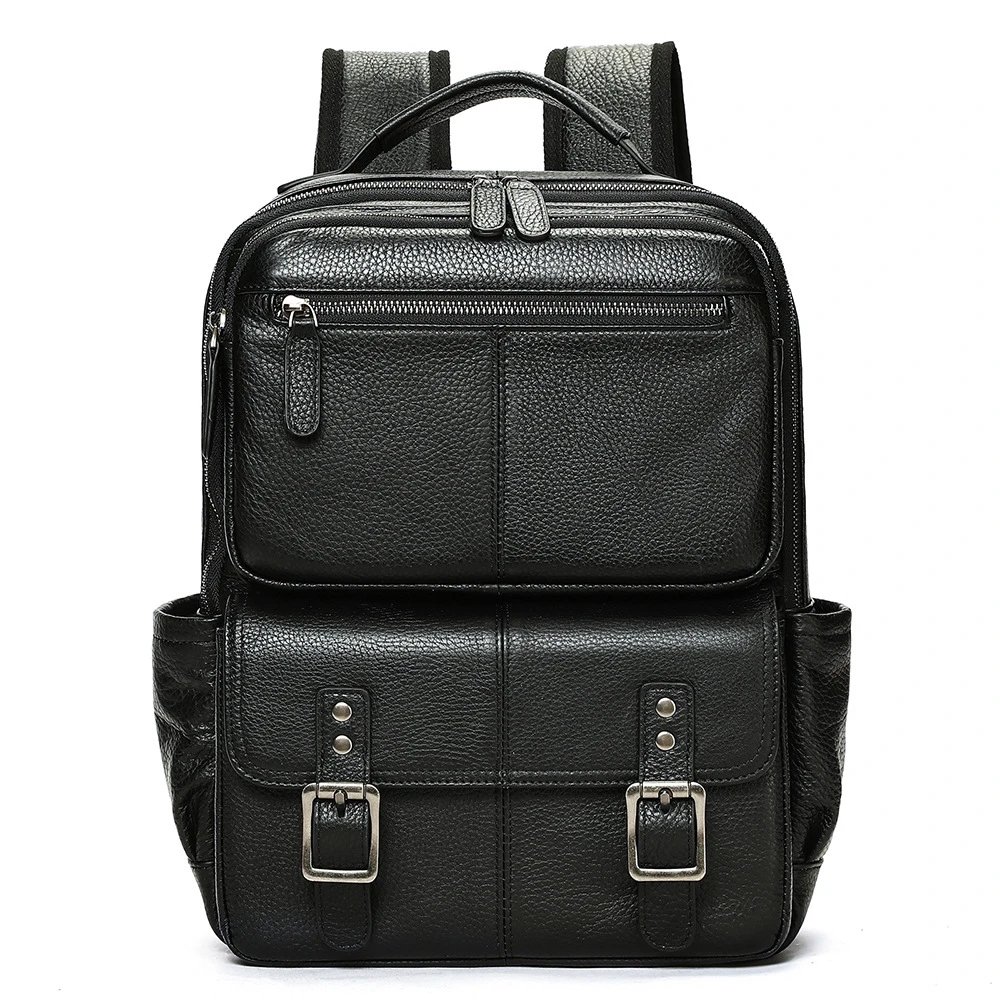 Design Classic Buckle-Flap Leather Backpack Black