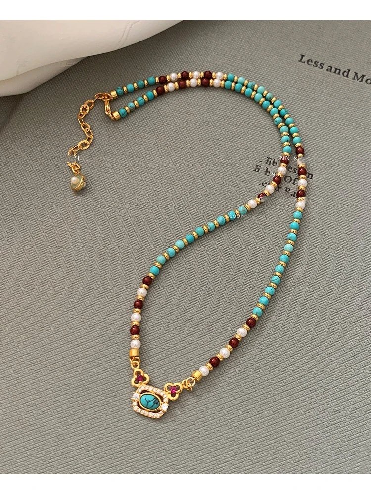 Design Turquoise and Coral Beaded Bracelet with Pearl Accents and Gold-Tone Clasp Jewelry - 12