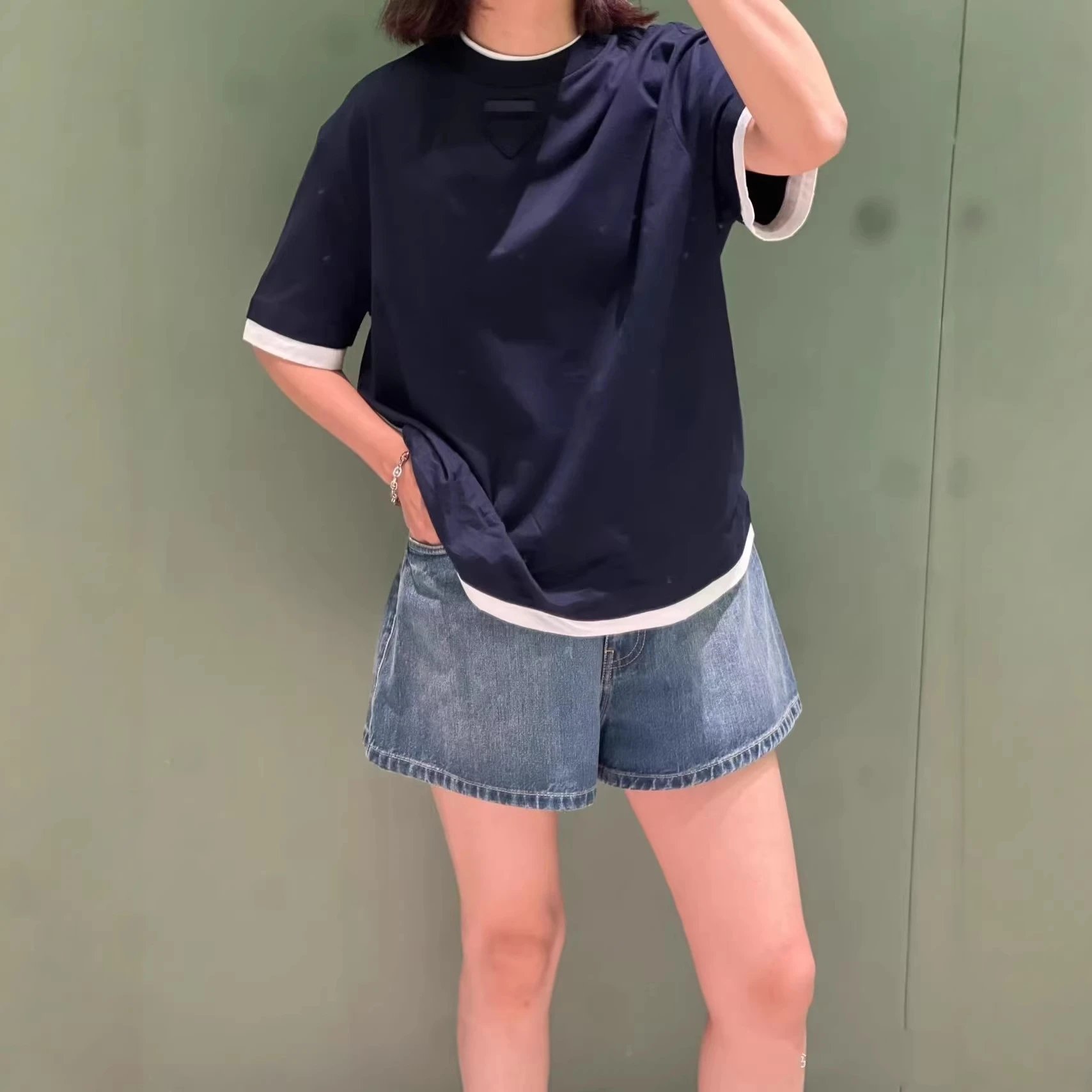 Prada Logo Patch Gray Heathered Cotton Crewneck T-Shirt