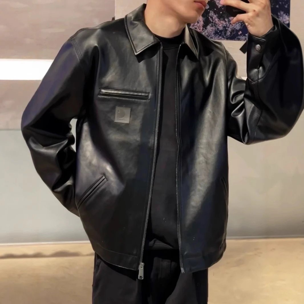 Car Detroit Jacket Square Label Logo Zip Front Collared Solid Color Leather Jacket Coat