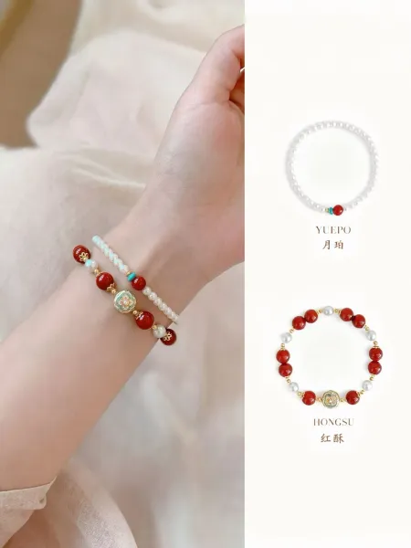 Design Pearl Bead Bracelet with Red and Turquoise Accents Bracelet Jewelry - 2