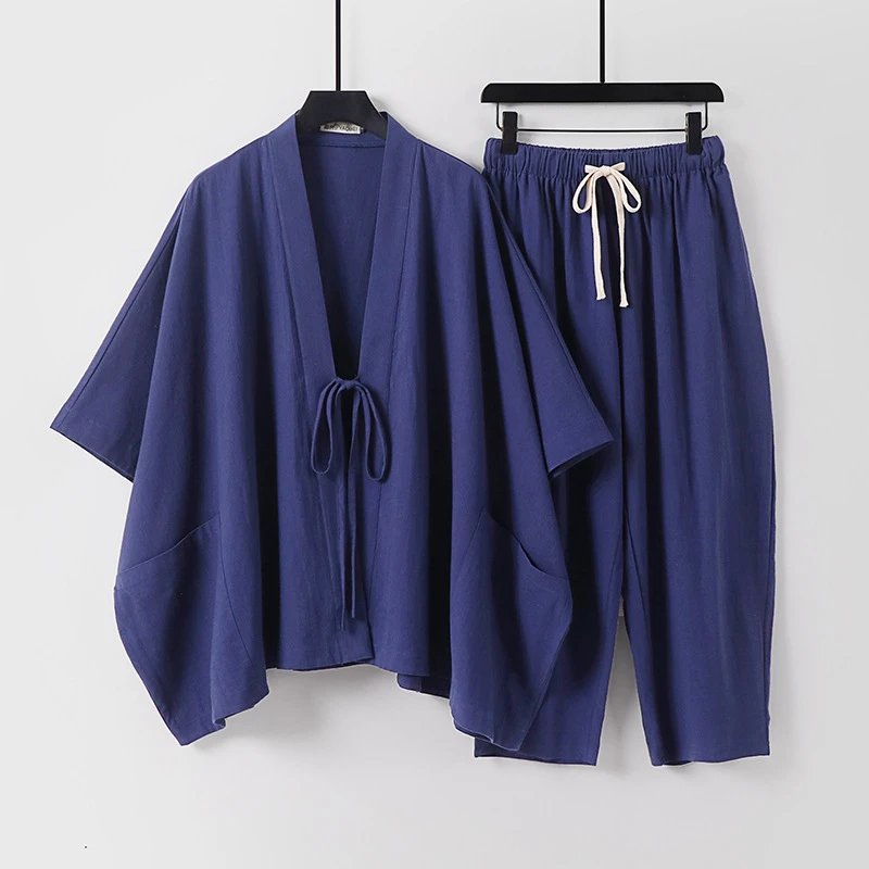 Design Kimono-Style Wrap Top and Drawstring Pants Set Navy - 6