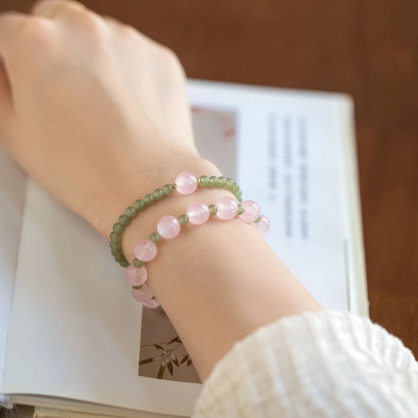 Natural Rose Quartz and Green Aventurine Beaded Bracelet Set Boho Style