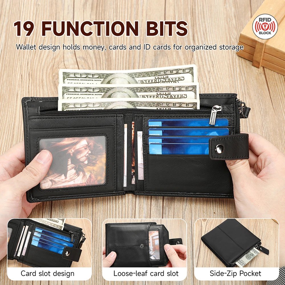 Leather Bifold Black Snap Closure Wallet
