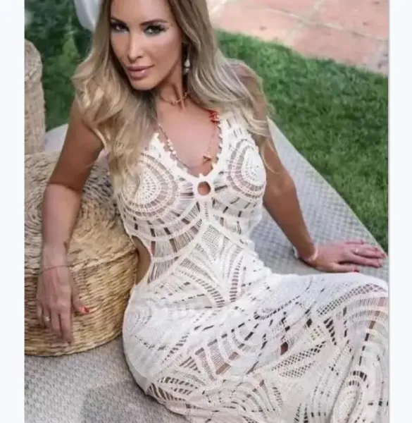 Design White Crochet Maxi Dress with Geometric Pattern Dress - 10