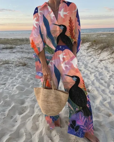 Design Printed Bird Motif Shirt with Colorblock Cuff Pants and Straw Bucket Bag Clothing - 9
