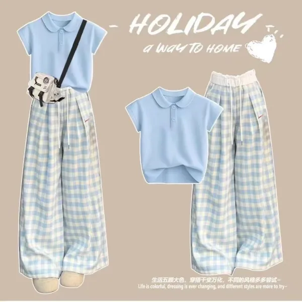 Design Short-Sleeve Collar Polo Shirt in Light Blue with Gingham Pants Set - 6