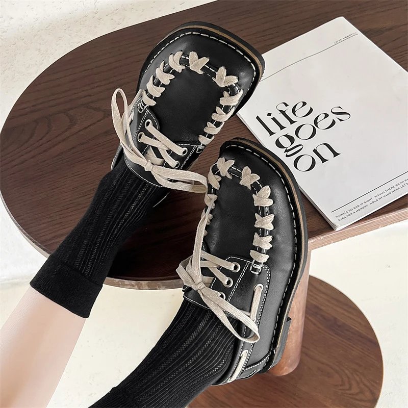 Black Leather Boat Shoes with White X-Stitching Casual Loafers
