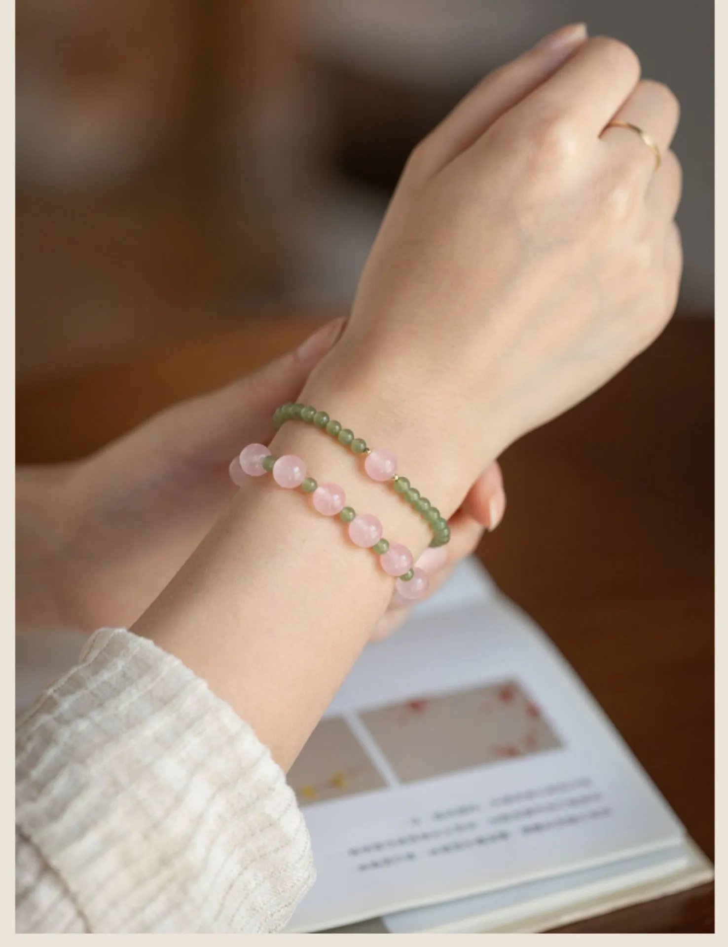Design Rose Quartz and Green Jade Bead Bracelet Jewelry - 13