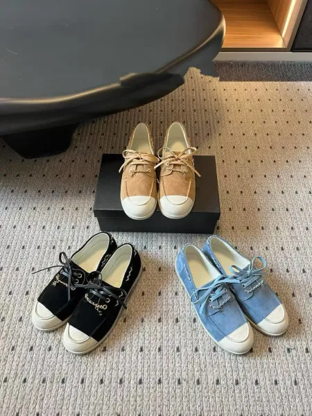 Chanel Boat Shoes Light Blue Suede Two-Tone with Chain Detail - 2