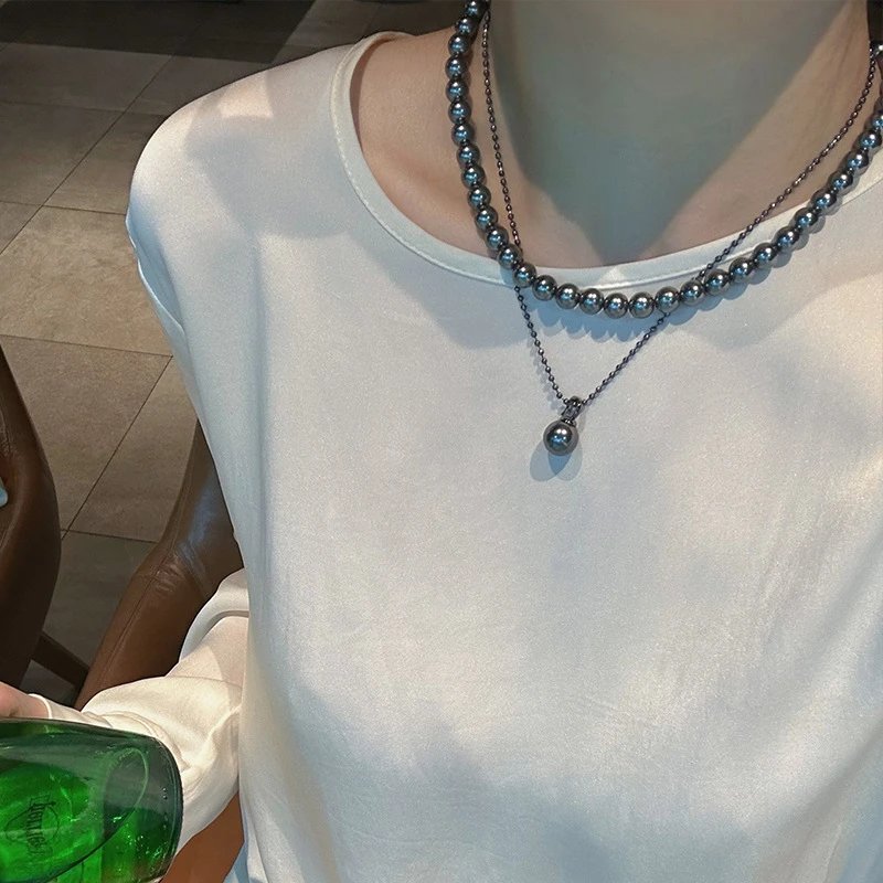 Pearl Bead Necklace Gray Layered Pendant Chain