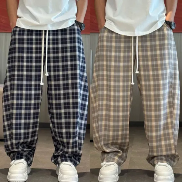 Design Wide-Leg Plaid Drawstring Pants Navy and White - 3