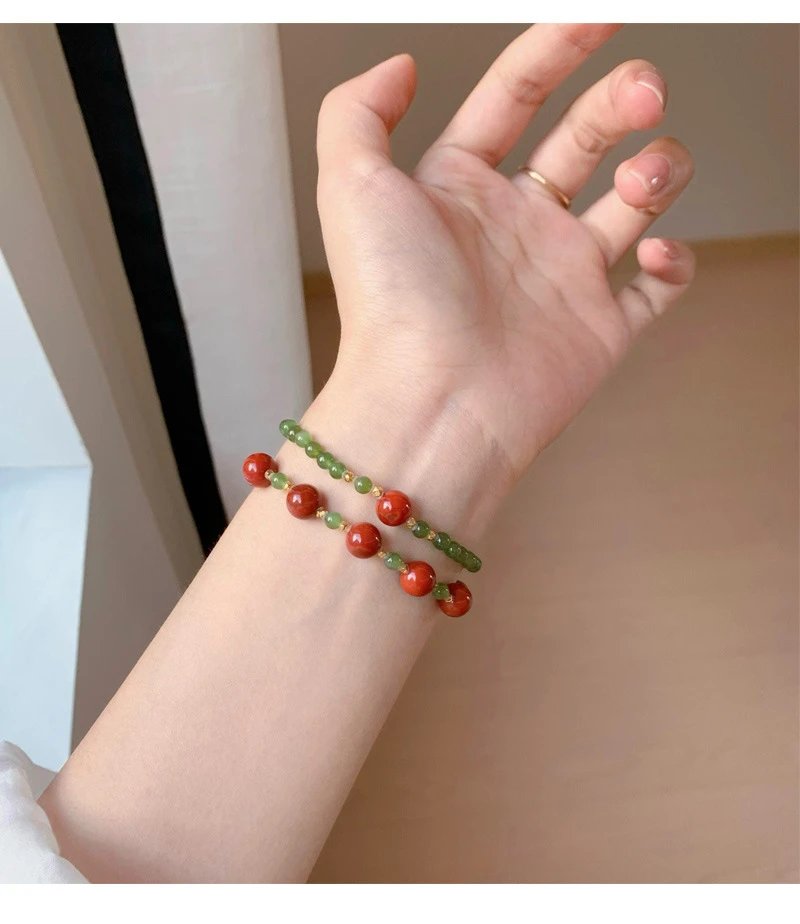Design Green Jade Bead Bracelet with Red Agate Center Stone Jewelry - 4
