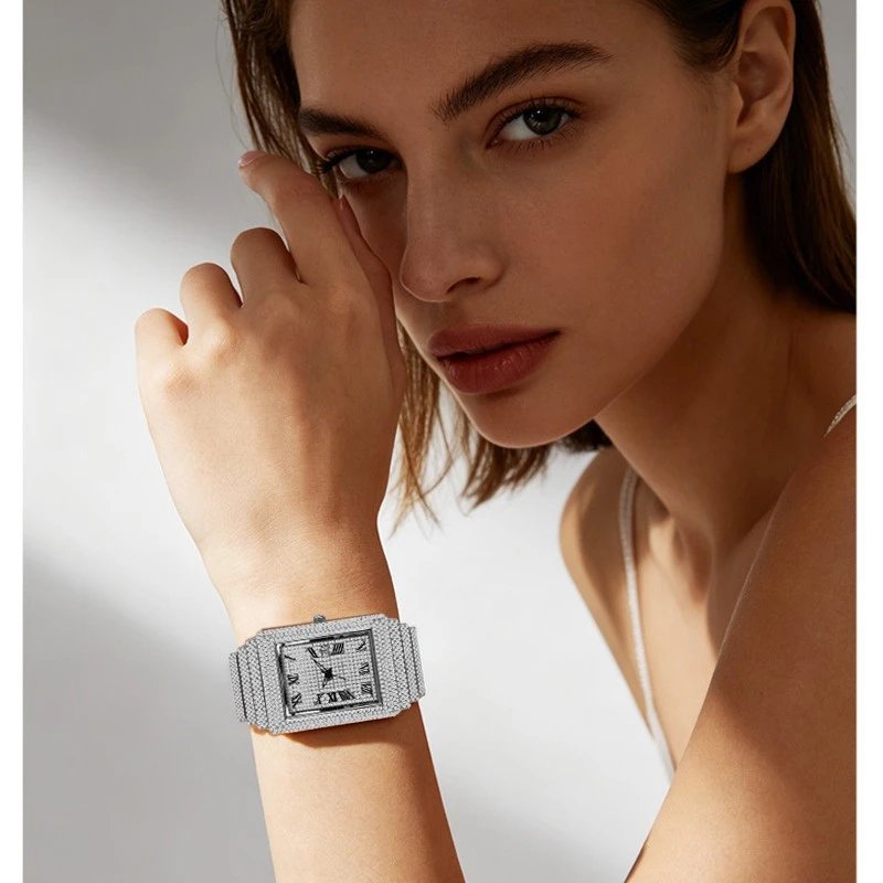 Luxury Rectangular Silver Tone Full Diamond Pave Watch