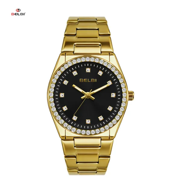 Design BELBI Crystal-Encrusted Black Dial Gold Watch Watches - 1