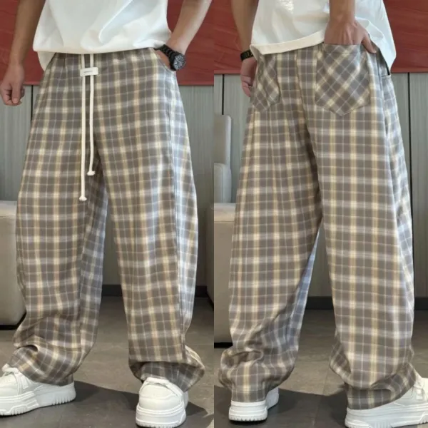 Design Wide-Leg Plaid Drawstring Pants Navy and White - 6