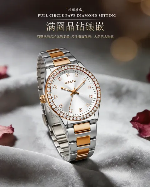 Design BELBI Crystal-Encrusted Black Dial Gold Watch Watches - 7