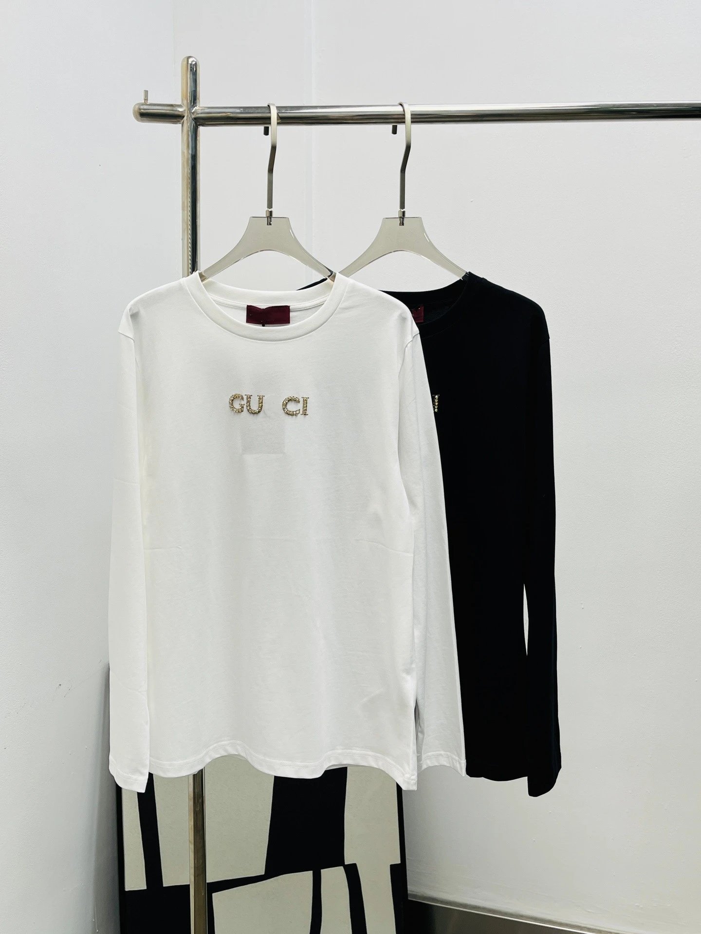 White Long Sleeve T-Shirt with Gold Embroidered Logo Casual Top