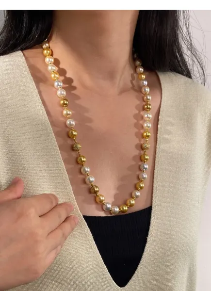 Design Pearl and Gold Bead Necklace and Bracelet Set Jewelry - 18