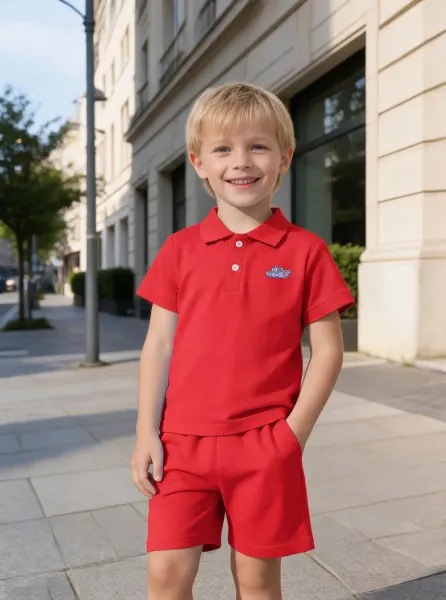 Design Red Polo Shirt with Boat Embroidery and Matching Shorts Set Sets - 21