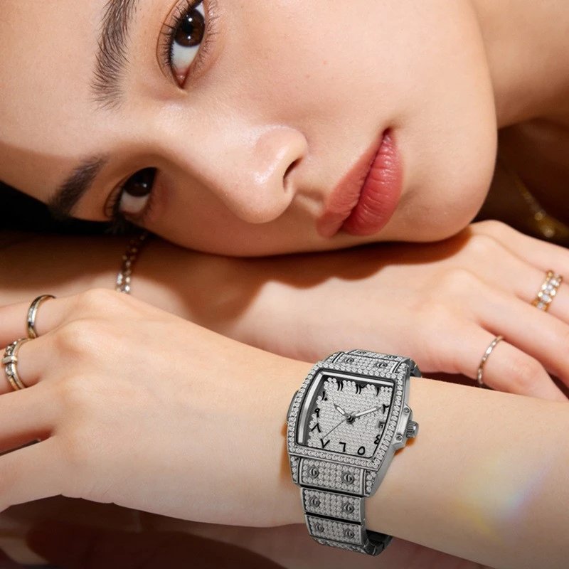 BELBI Barrel Shape Diamond Encrusted Gold Silver Luxury Watch