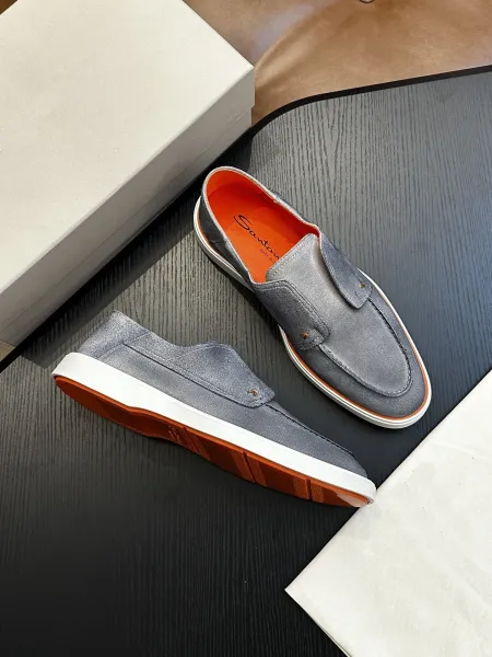 Design Santoni Loafer Slip-On Gray Suede with Orange Sole Casual Shoes Loafers - 1